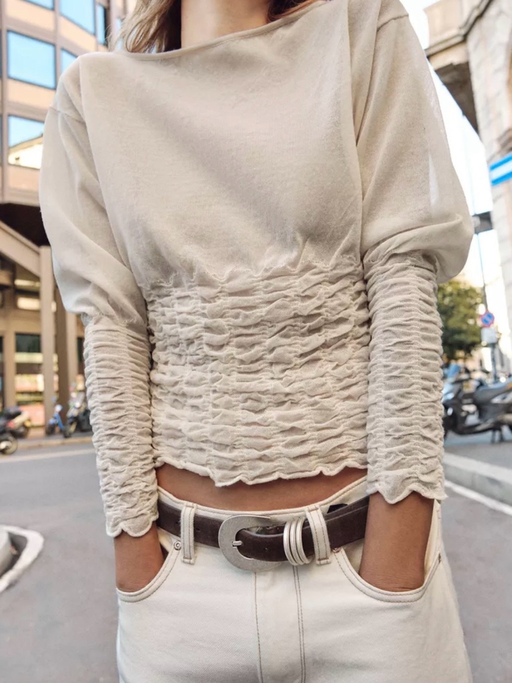 Zara Cream Long Sleeve Shirred Waist Top - Picture 3 of 9